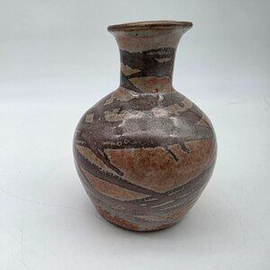 Signed Studio Pottery Vase Abstract Swirl Pattern Earthy Brown & Beige Tones 7"